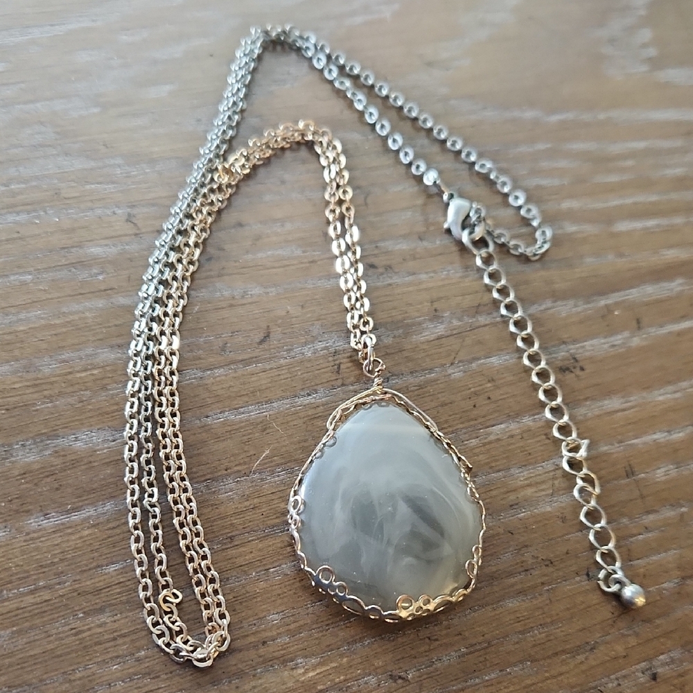 Gray and White Stone Pendant with Long Gold Tone Chain Necklace